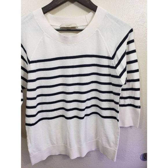 Loft Cotton White Black Crewneck Sweater size S - Picture 8 of 10